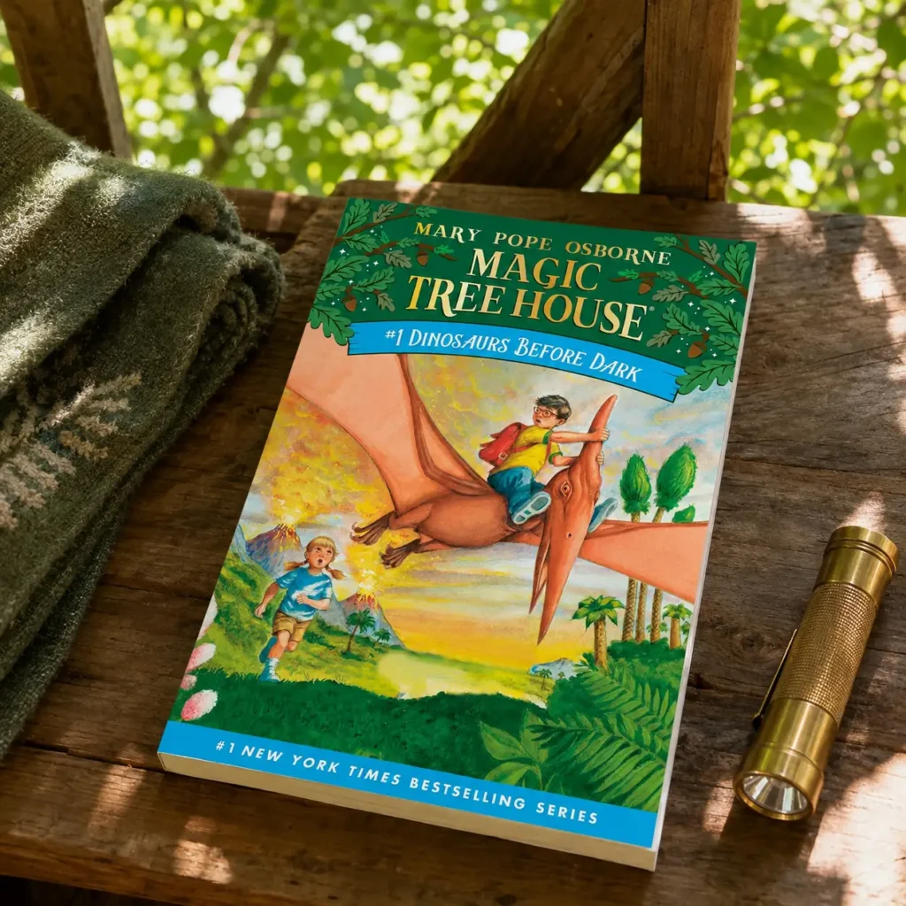 Long Childhood - The book “Magic Tree House: Dinosaurs Before Dark” rests on a wooden surface next to a rolled green towel and a brass flashlight, with greenery visible in the background.