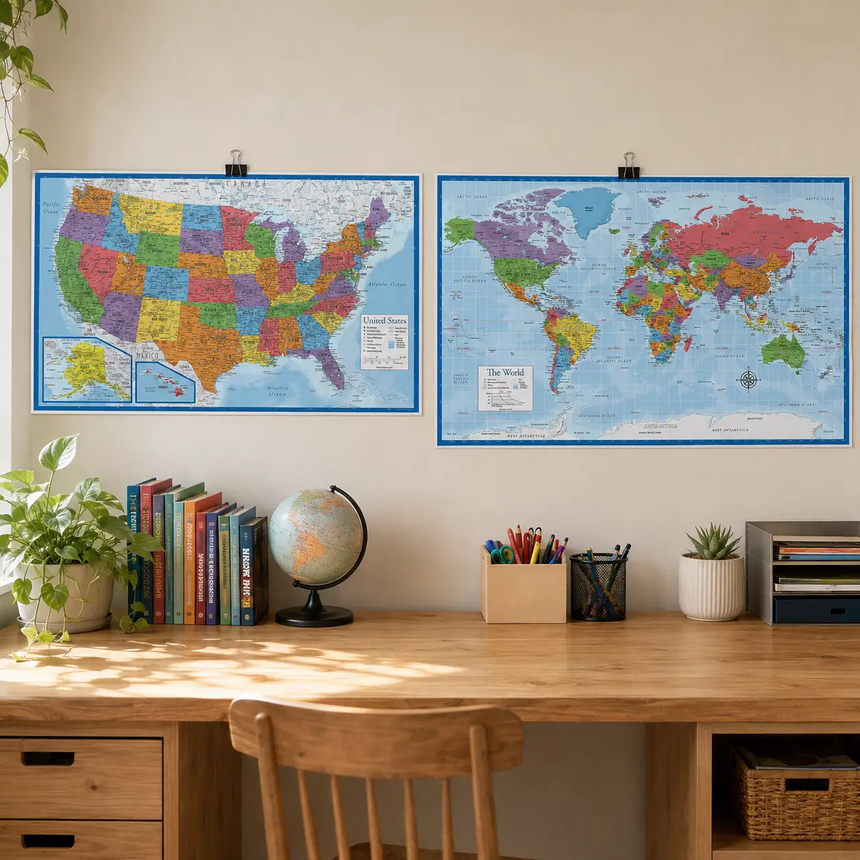 World Map and US Map Poster Set (Laminated)