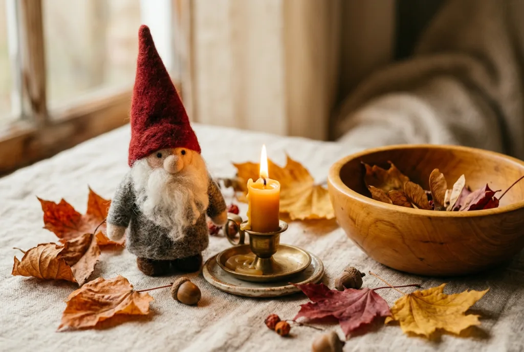 A warm still life of a Waldorf-inspired autumn nature table with felted wool gnome, beeswax candle, autumn leaves, and a wooden bowl on linen cloth
