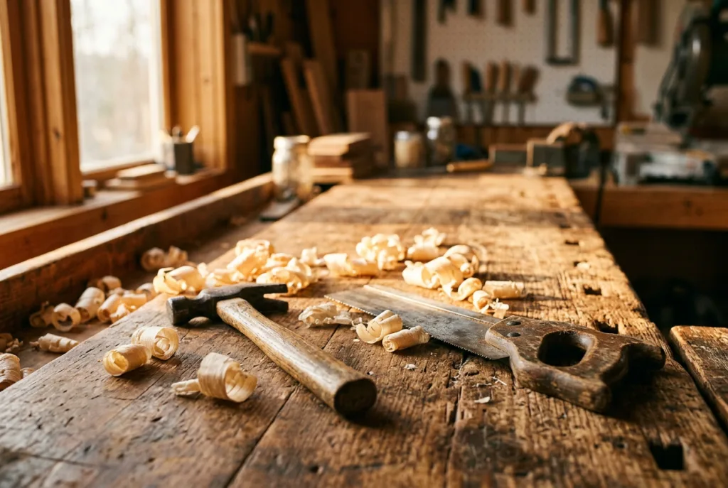 Small wooden-handled hammer and hand saw resting on a rustic workbench scattered with curled wood shavings, warm workshop light
