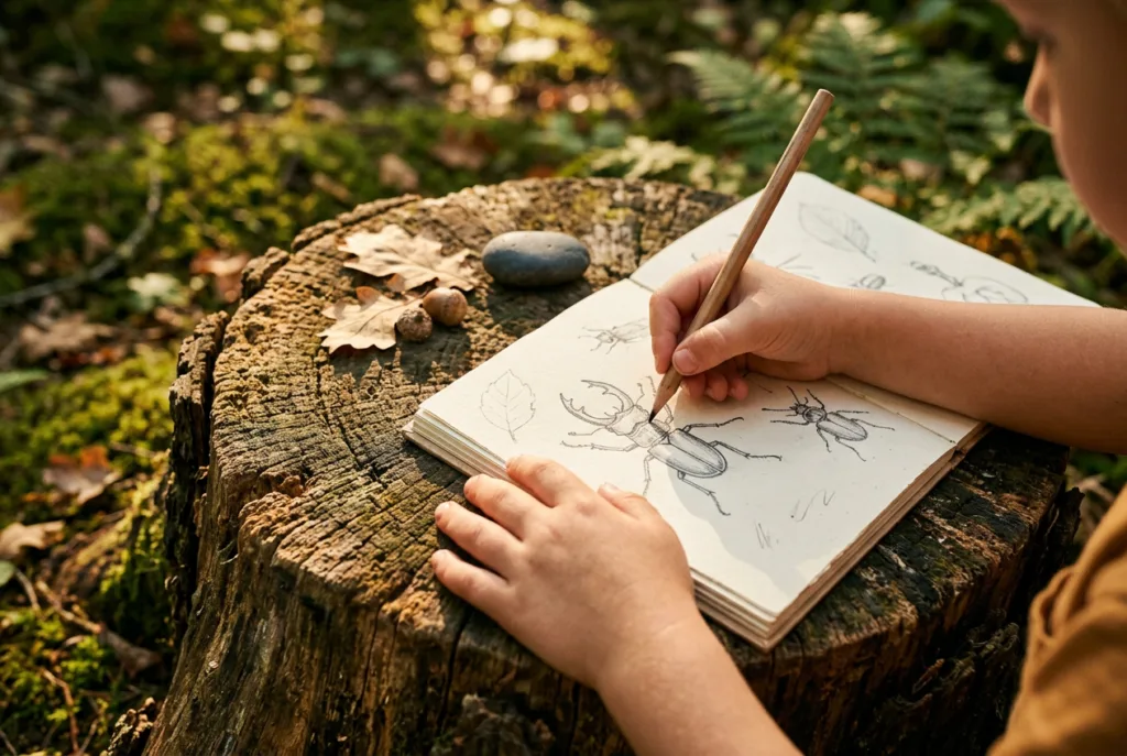 A child's hands sketching a beetle in a nature journal on a tree stump, surrounded by dappled forest light and collected leaves