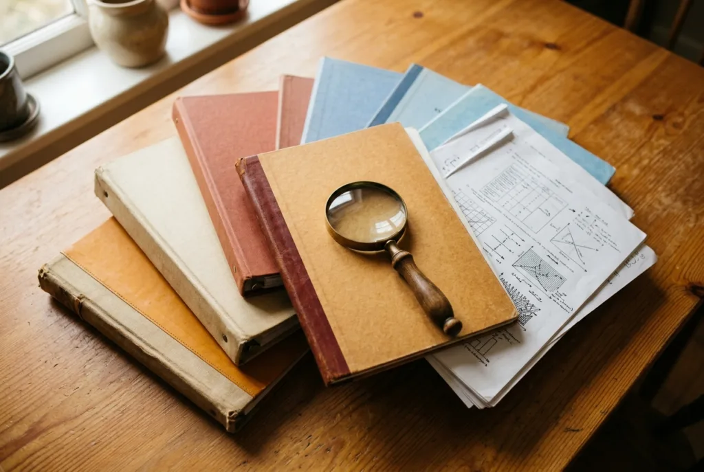 Overhead view of assorted homeschool curriculum workbooks and binders fanned out on a wood table with a magnifying glass on top, representing the process of comparing options
