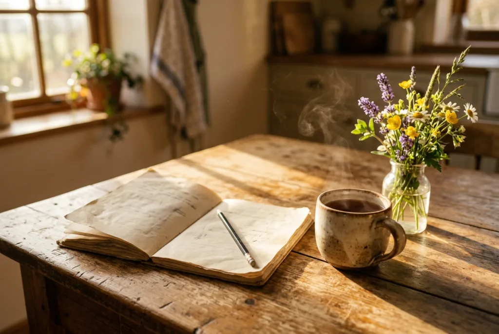 A cozy kitchen table set for a homeschool morning, with an open notebook, a steaming mug of tea, and a small vase of wildflowers in warm morning light