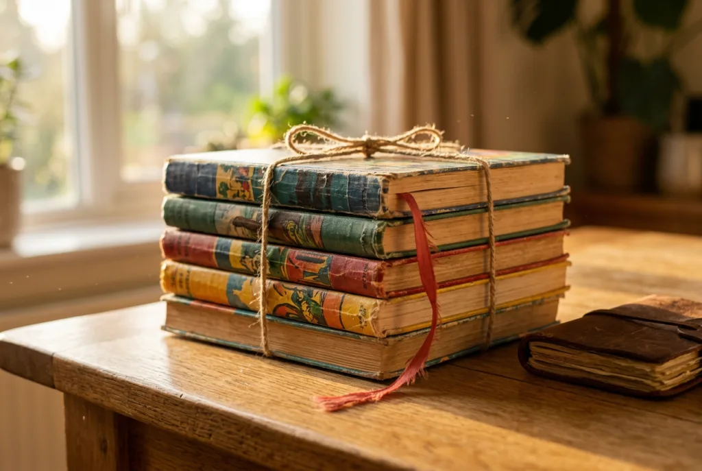 A small stack of well-loved paperback children's books tied with twine, with a ribbon bookmark and a handwritten reading-log notebook, on a wooden table in warm sunlight
