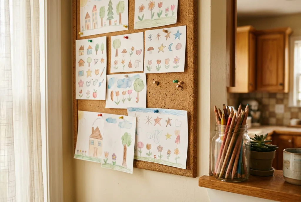 A hand-drawn family routine chart with cheerful icons pinned to a small cork board in a warm, sunlit kitchen, next to a jar of colored pencils