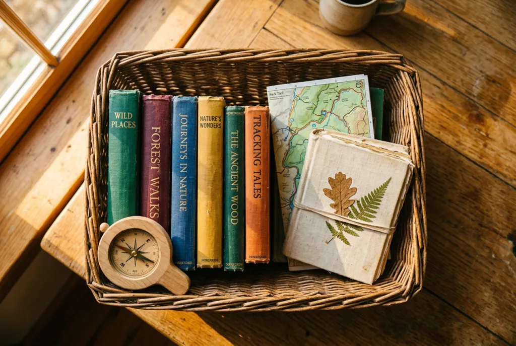 A wicker basket with library books, a nature journal, and a folded map, warm golden-hour light