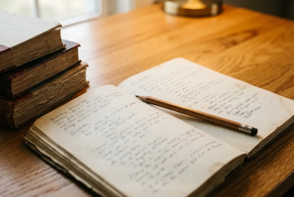 An open notebook with handwritten notes and a wooden pencil resting on the page, beside a small stack of research books on a warm wood desk, lit by soft desk-lamp and window light.