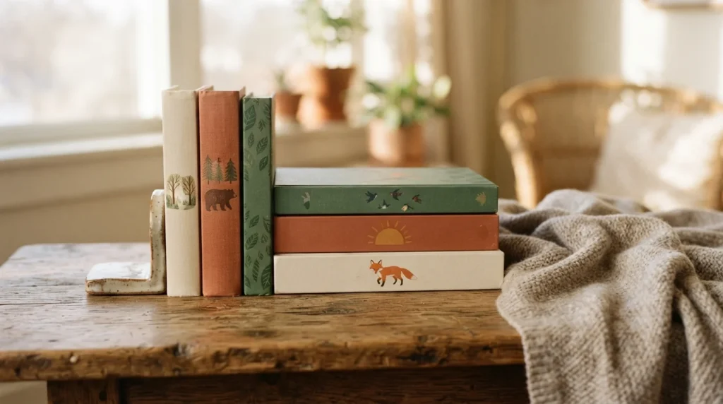 Six children's picture books arranged in a warm, cozy still life for a blog post about emotional intelligence books for boys