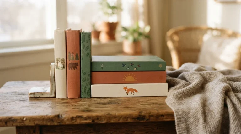 Six children's picture books arranged in a warm, cozy still life for a blog post about emotional intelligence books for boys