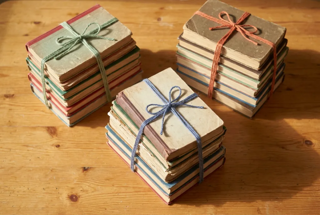 Overhead still life of three small stacks of books, each tied with different colored twine, on a warm wood table, representing three different homeschool approaches