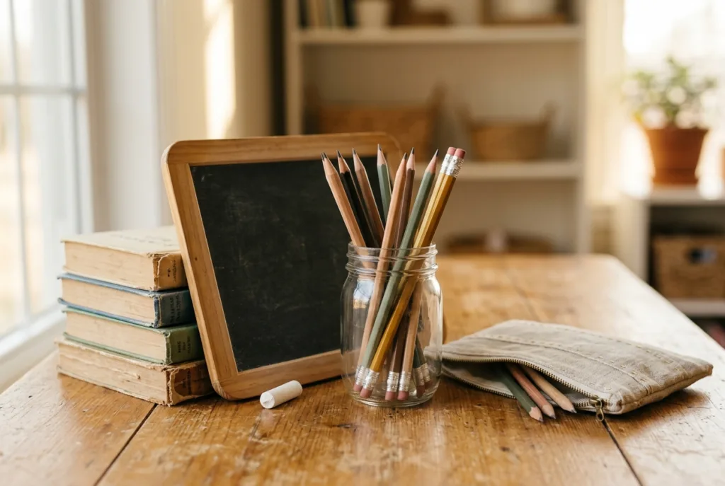 A warm still life of secondhand homeschool supplies on a wooden table, including a jar of pencils, a small stack of used books, a mini chalkboard, and a hand-sewn pencil pouch, lit by soft natural window light