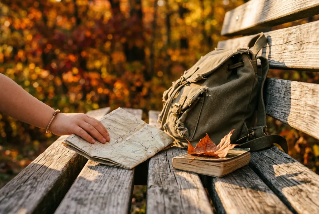 A child's hand holding a folded trail map beside a worn backpack and field guide with a pressed leaf bookmark, resting on a park bench in warm golden-hour light