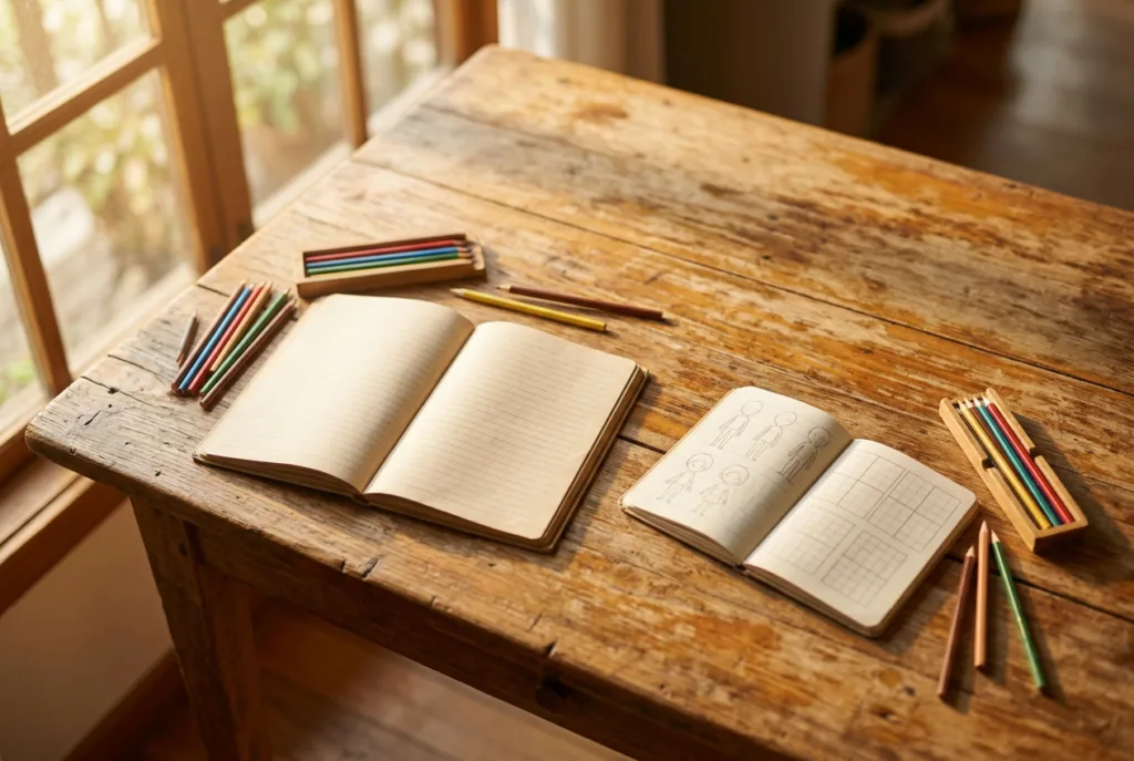 Overhead view of a wood table set for homeschool work with a larger notebook of cursive practice lines and a smaller notebook with big simple letters, each paired with its own colored pencils, in soft warm morning light.
