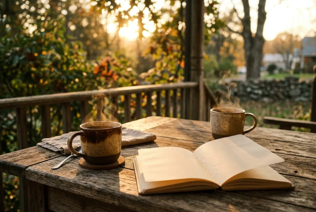 Two mugs of tea and an open notebook on a porch table in warm evening light, evoking an unhurried conversation