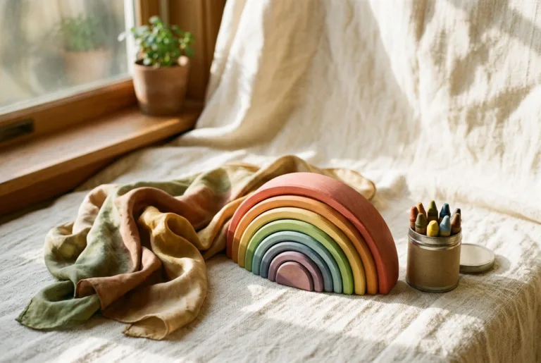 Warm still life of Waldorf-style handmade toys on linen: a hand-dyed silk play cloth, a wooden rainbow stacker, and a small tin of beeswax crayons in soft natural window light.