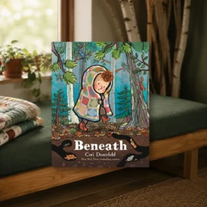 Long Childhood - Children’s book titled “Beneath” by Cori Doerrfeld shows a child in a patchwork blanket walking through a forest. The book is propped on a bench near a window with plants and a folded quilt.