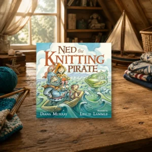 Long Childhood - A children’s book titled “Ned the Knitting Pirate” stands on a wooden table in a cozy attic room with yarn, a toy sailboat, and nautical decorations.