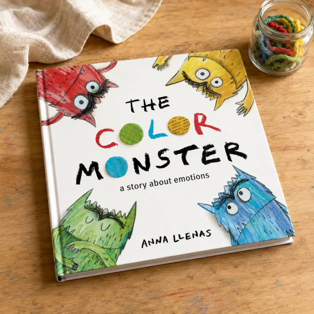 Long Childhood - Children’s book titled “The Color Monster: a story about emotions” by Anna Llenas, featuring colorful monster illustrations on the cover, lies on a wooden table next to a jar of yarn.