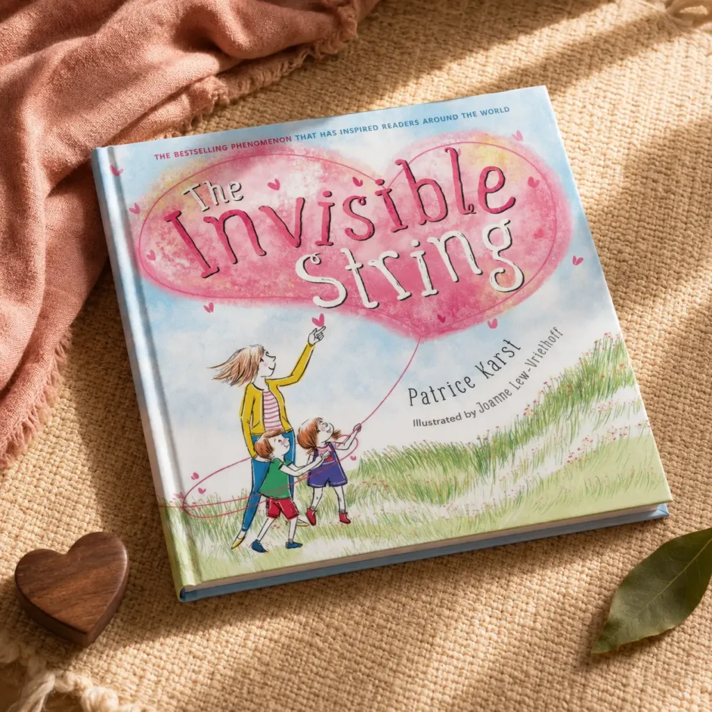 Long Childhood - A children’s book titled “The Invisible String” by Patrice Karst lies on a textured surface, surrounded by a pink cloth, a wooden heart, and some leaves.