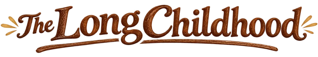 Long Childhood - The words “The Long Childhood” are written in large, brown, stylized text with swooping flourishes and a textured design.
